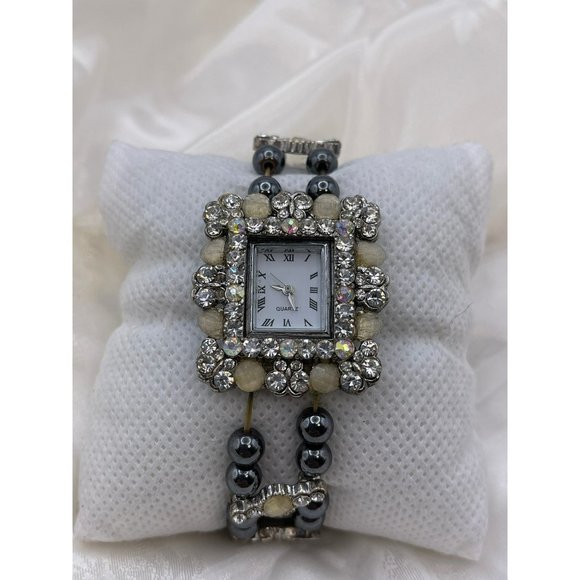 Accessories - Quartz Rhinestone Encrusted and Beaded Wristband Bracelet Style Watch